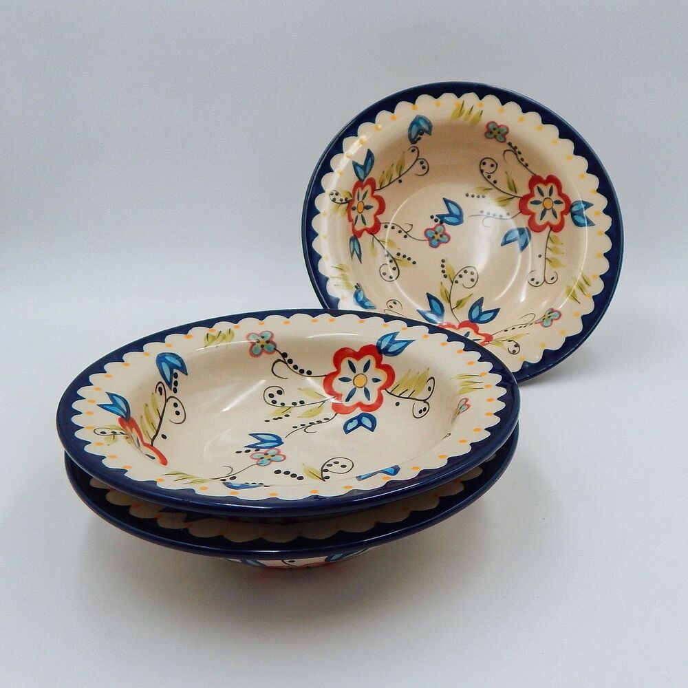 Temptations By Tara Capri Pasta Bowl Blue Wide-Rimmed 9 In Floral .5 Qt Set Of 3
